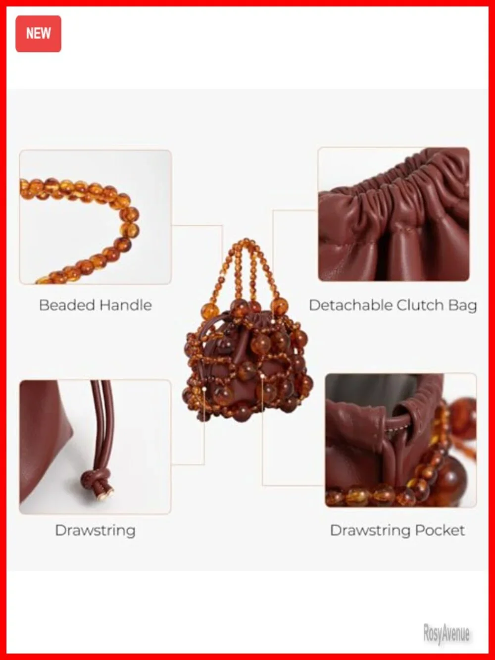 Brown Faux Leather Beaded Hobo Bag with Amber Crystal Accents Shoulder